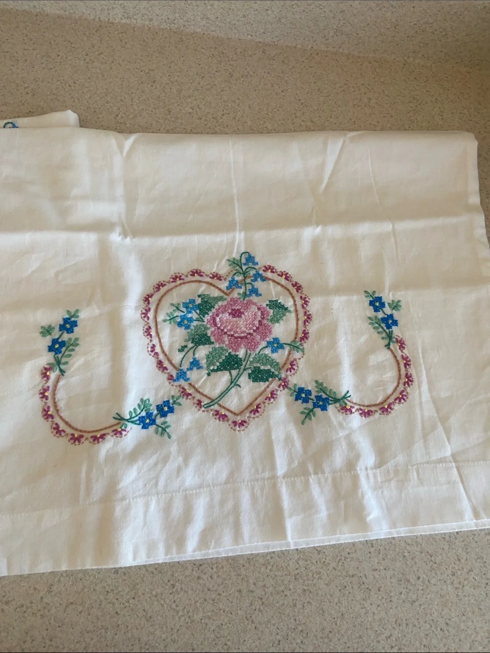 Vintage Hand Embroidered Rose Heart Pillowcases Pair